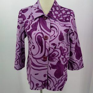 Susan Graver Size Small Blazer Jacket Purple Print 3/4 Sleeve Button Down